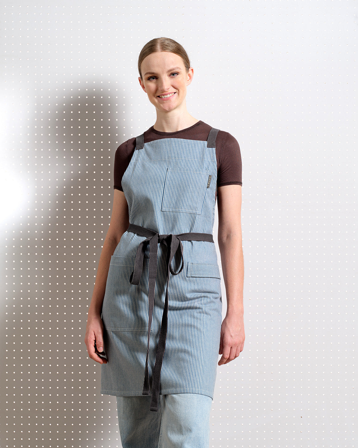 Crossback Aprons Pinstriped Blue