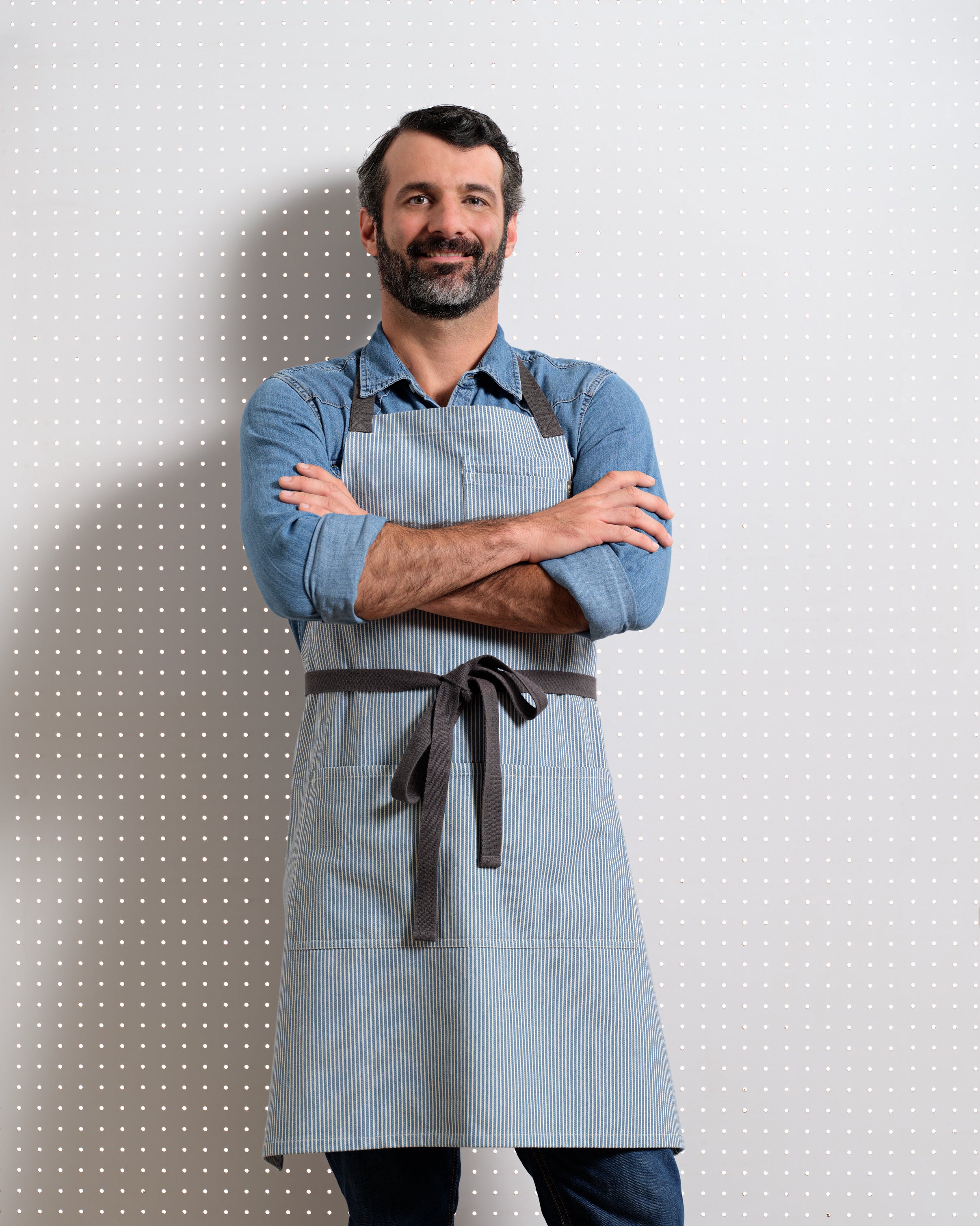 Bib Apron with Pockets - Pinstriped